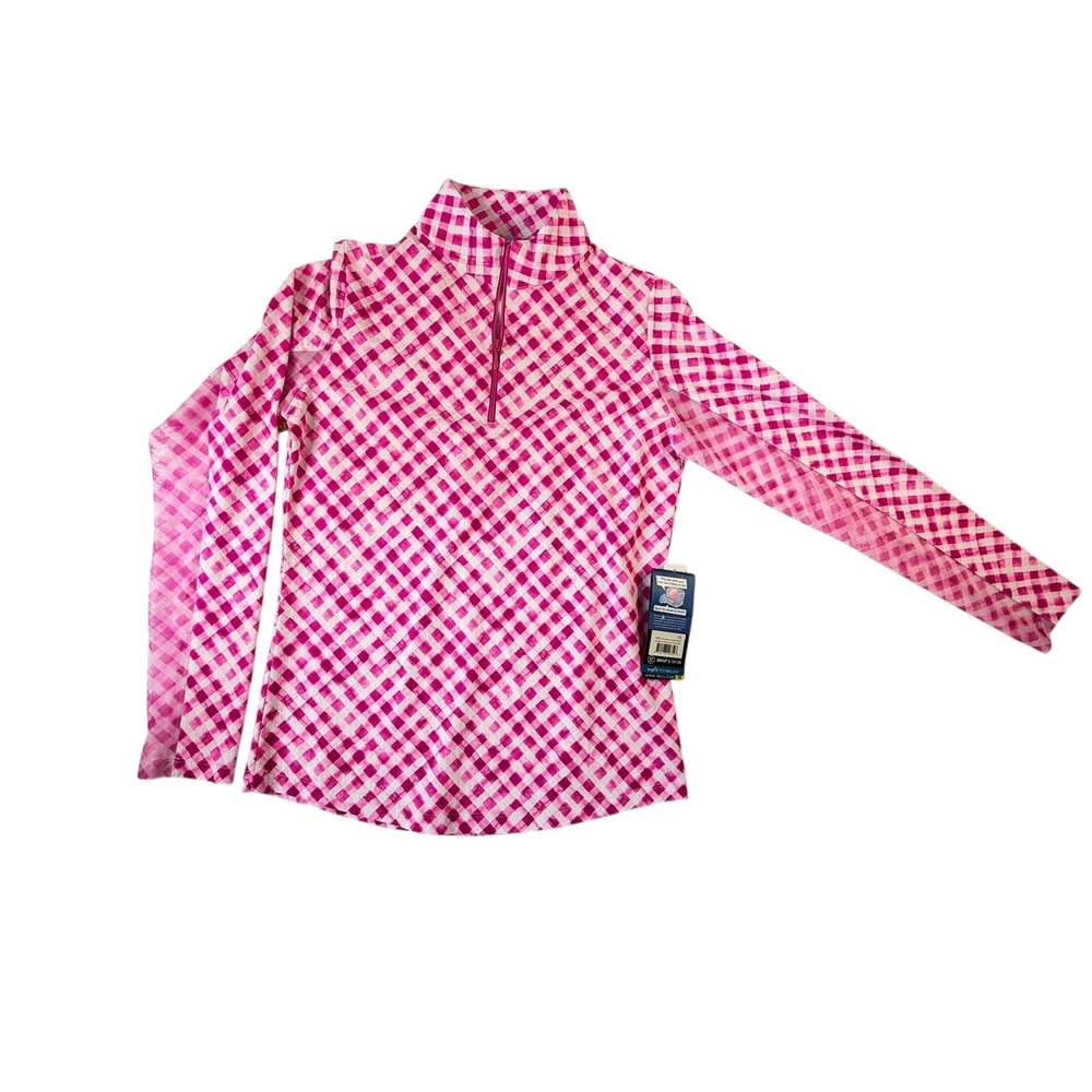 IBKÜL Gingham Mock Neck Top Women XS Pink NEW IceFil UPF 50+ Long Sleeve 10876